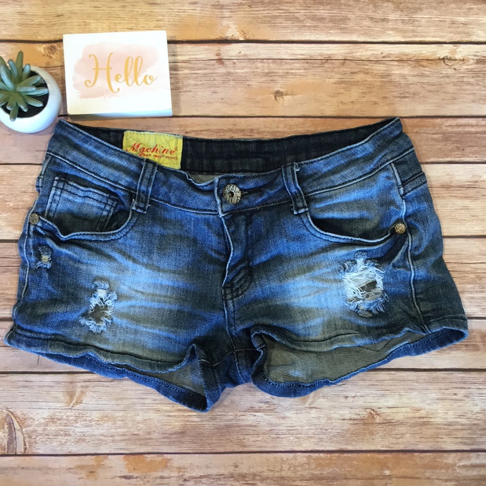 Machine Distressed Denim Shorts